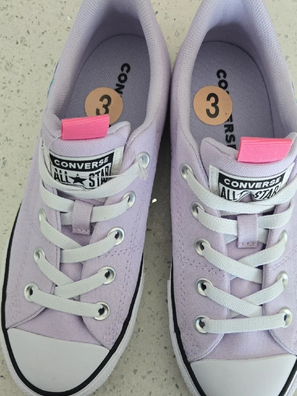 Converse Kids Low Top Sneakers in Lavender with Pink Pull Tab